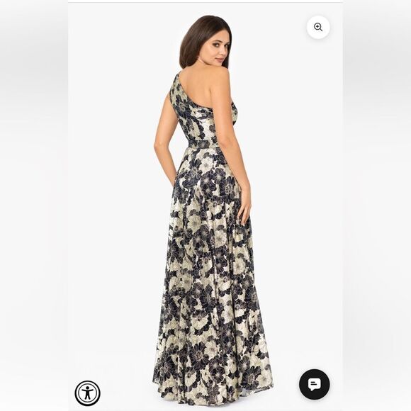 Betsy & Adam GWEN" LONG ONE SHOULDER WRAP FOIL FLOWER DRESS PETITE  NWT - Picture 3 of 9